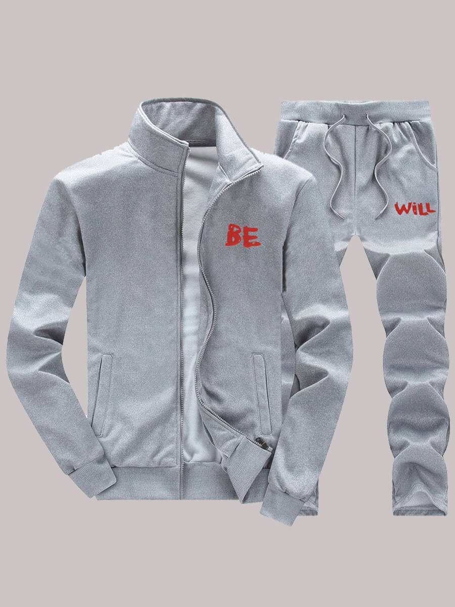 

LW Men Letter Print Drawstring Pants Set, Grey