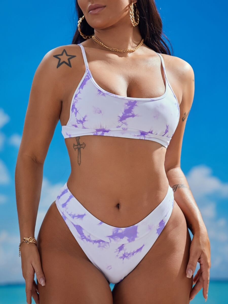 

Lovely Polyester Casual Tie Dye Basic Skinny High-waisted Spaghetti Strap Padded Lined Adjustable Unremovable Full Print Bikinis, Purple