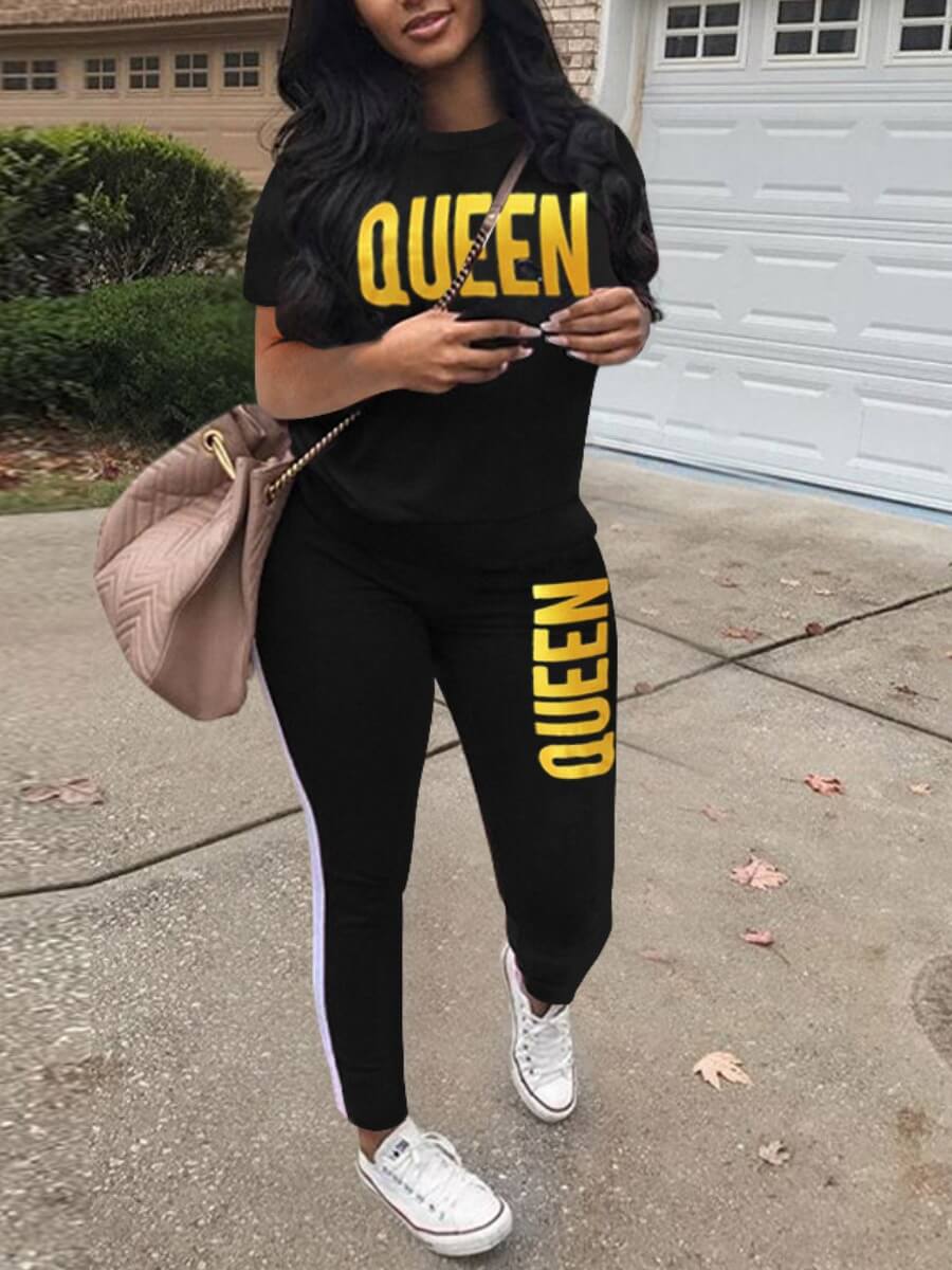 

Lovely Sportswear Letter Print Striped Black Two Piece Pants Set