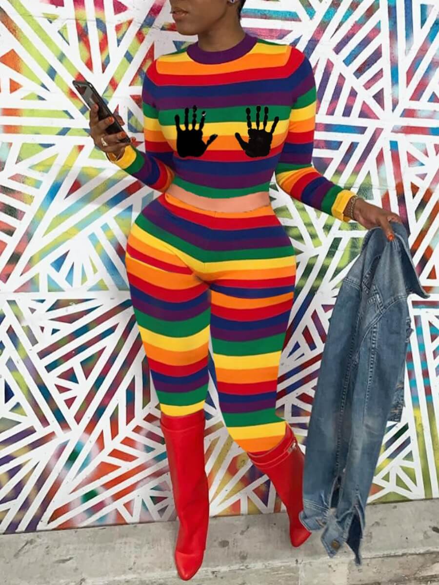 

Lovely Chic Palm Print Rainbow Striped Multicolor Two Piece Pants Set, Multi
