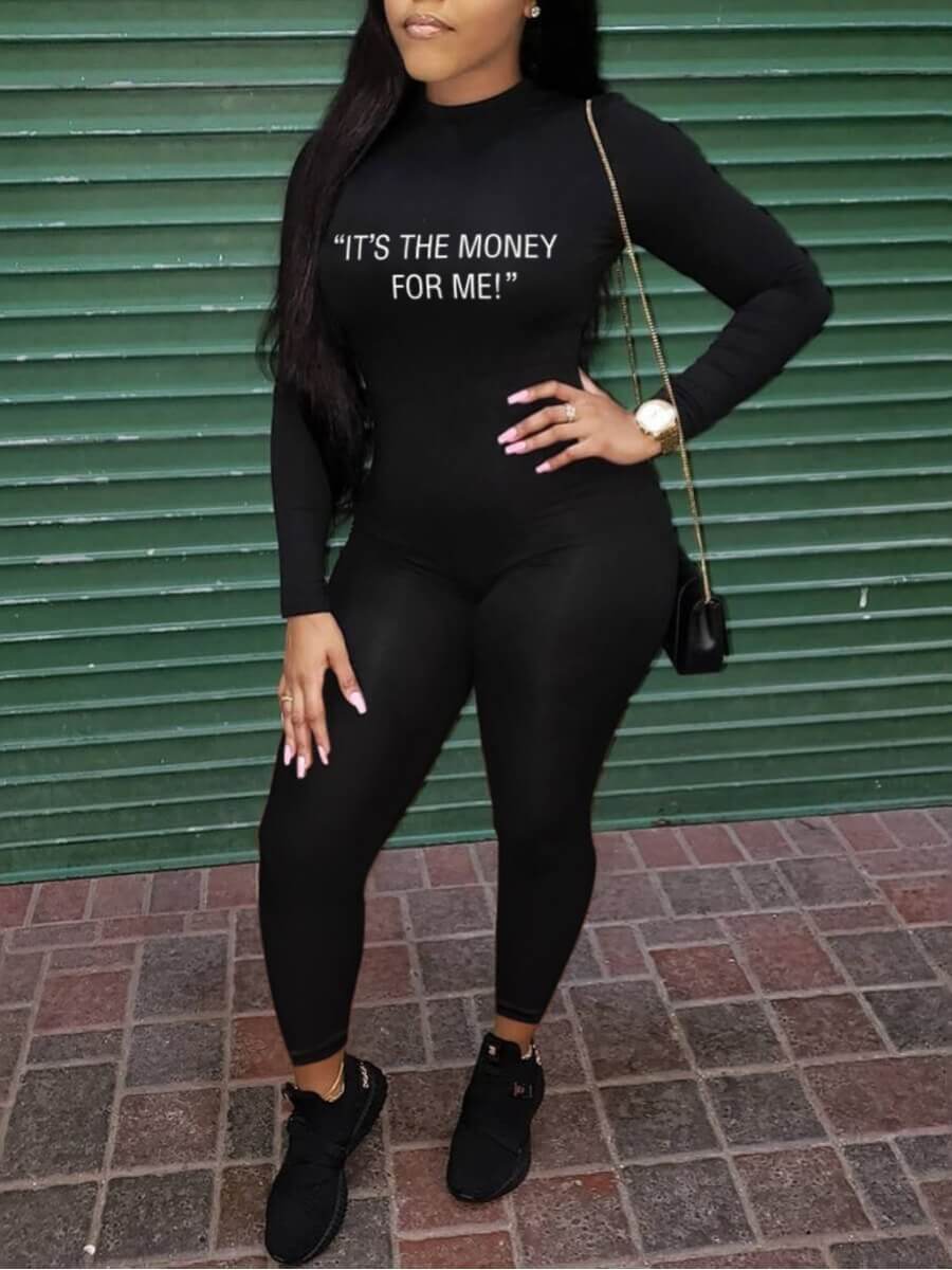 

LW Round Neck Letter Print Jumpsuit, Black