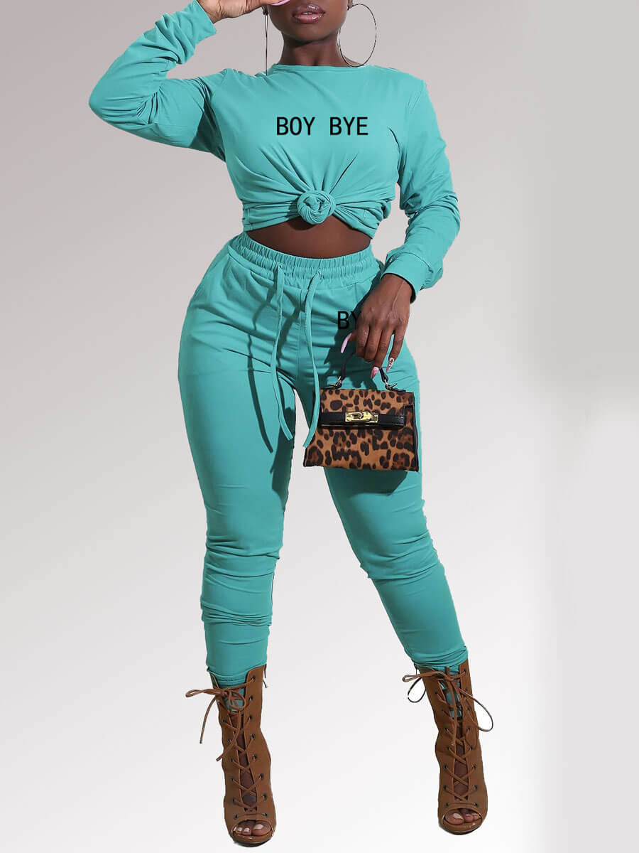 

Lovely Trendy Letter Print Drawstring Green Two Piece Pants Set