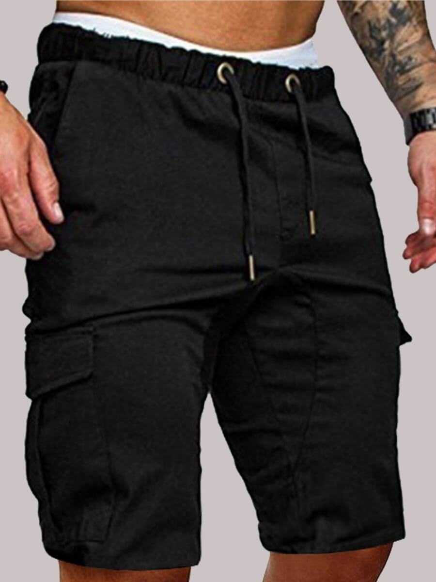 

LW COTTON Men Casual Mid Waist Drawstring Design Black Shorts