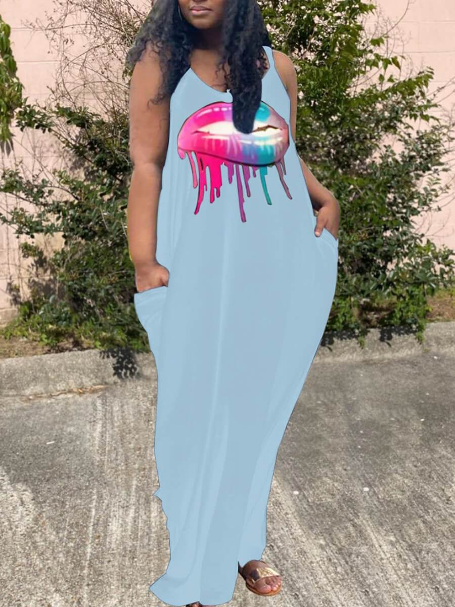 

Lovely Trendy U Neck Lip Print Blue Floor Length A Line Plus Size Dress