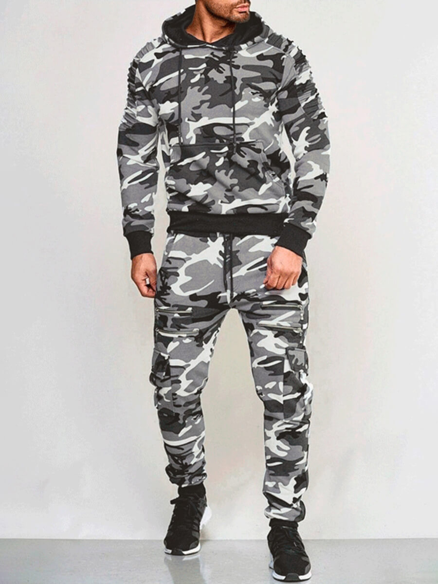 

Lovely Trendy Hooded Collar Camo Print Drawstring Men Two Piece Pants Set, Gray camouflage