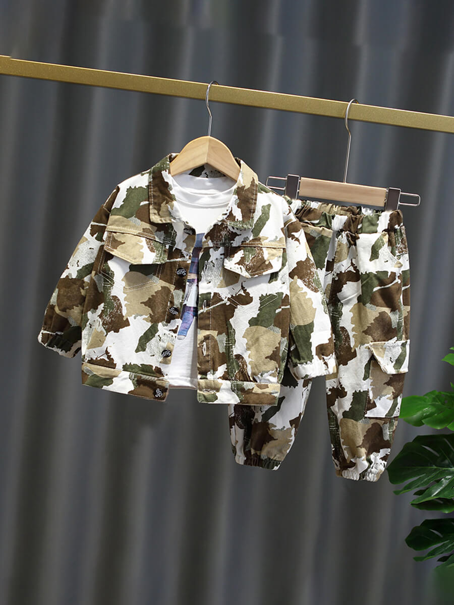 

Lovely Casual Turndown Collar Camo Print Khaki Boy Two Piece Pants Set