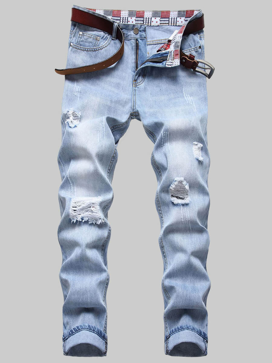 

LW Men Casual Mid Waist Broken Holes Baby Blue Jeans (No Stretch)