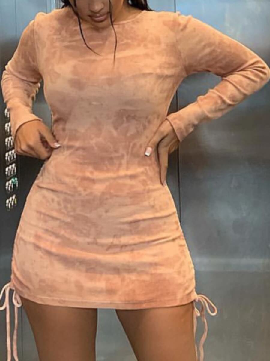 

Lovely Casual O Neck Tie-dye Drawstring Apricot Mini Dress