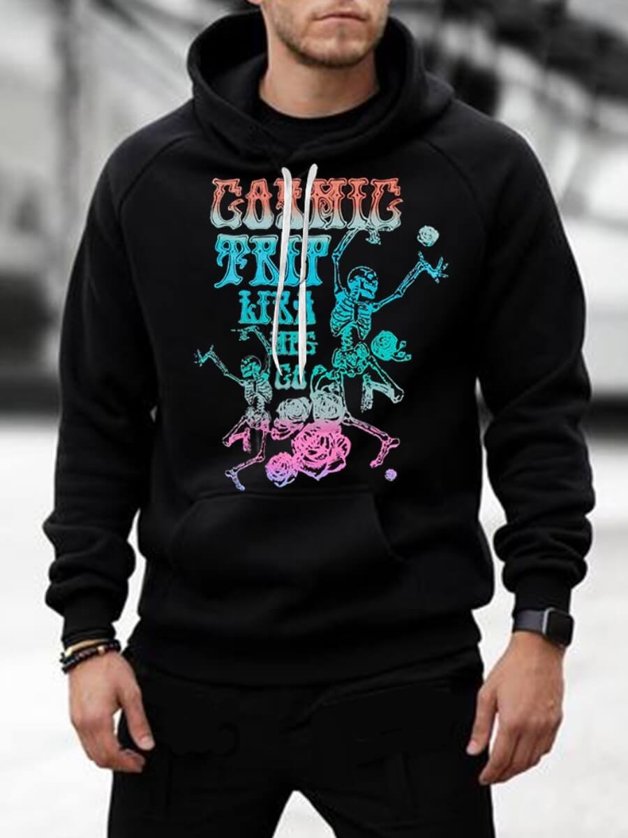 

Lovely Men Casual Hooded Collar Print Baby Blue Hoodie, Black