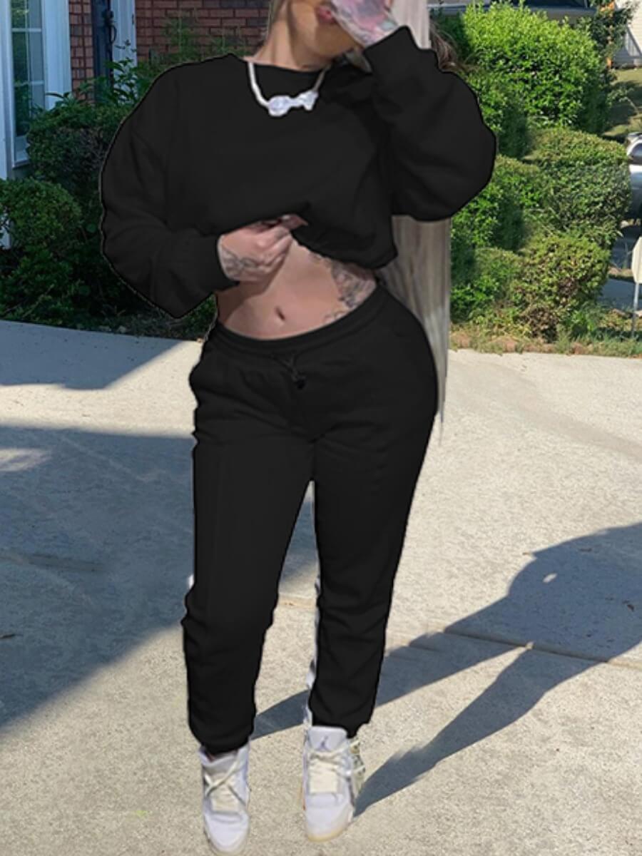 

Lovely Casual O Neck Black Two Piece Pants Set