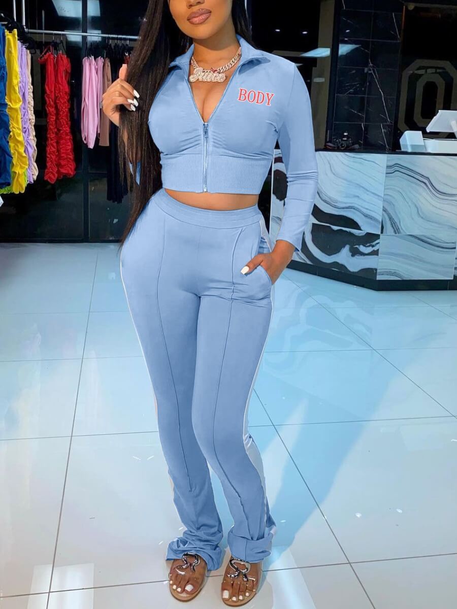 

Lovely Casual Turndown Collar Letter Print Blue Two Piece Pants Set