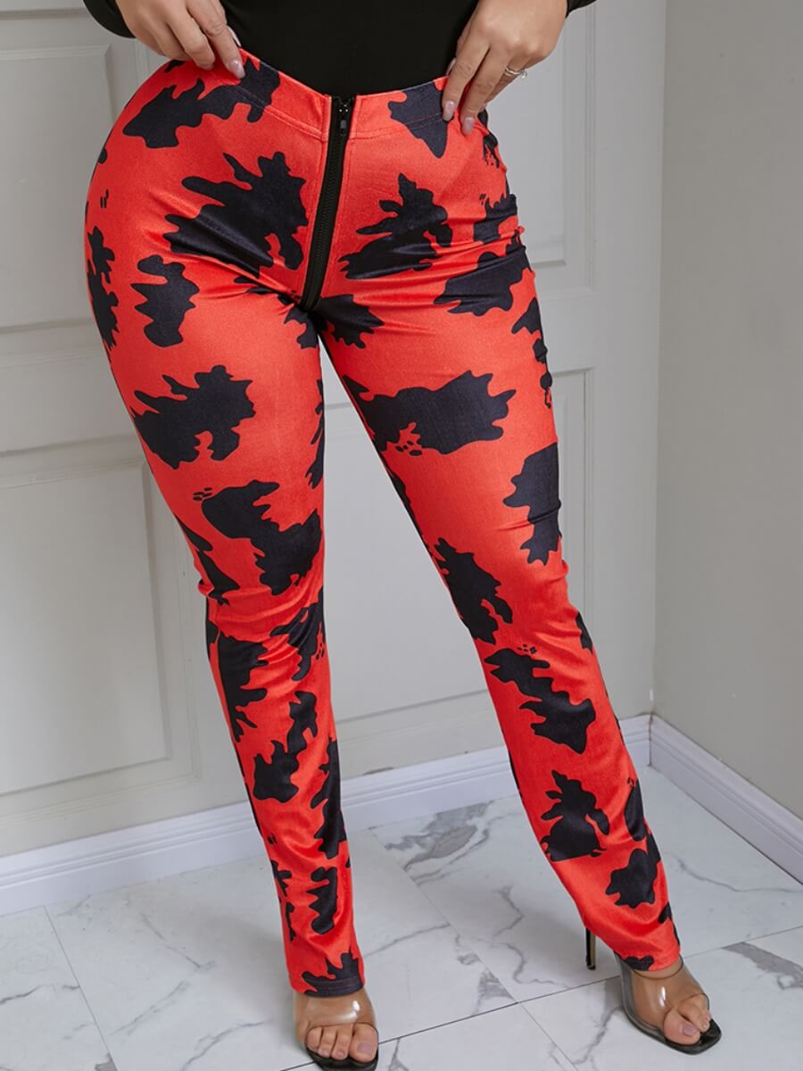 

Lovely Casual Mid Waist Print Zipper Design Red Pants