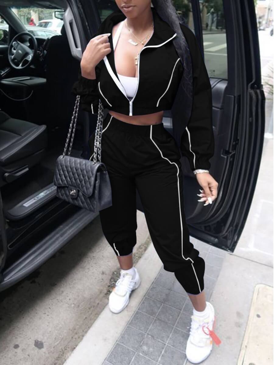 

Lovely Sportswear Turndown Collar Striped Black Two Piece Pants Set