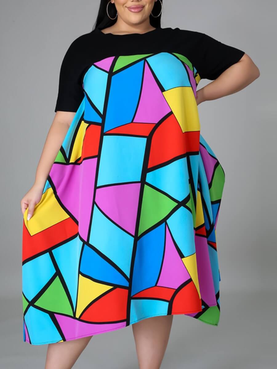 

Lovely Casual O Neck Color-lump Patchwork Asymmetrical Multicolor Mid Calf Plus Size Dress, Multi