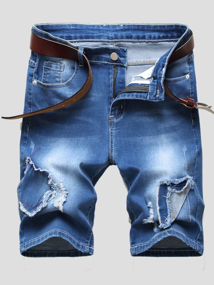 

Lovely Men Casual Mid Waist Broken Holes Gradient Blue Denim Shorts