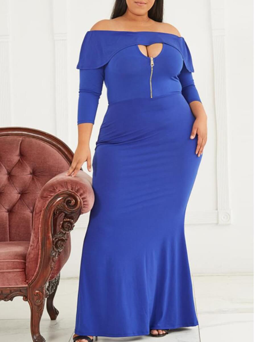 

Lovely Elegant Off The Shoulder Hollow-out Blue Floor Length Plus Size Dress