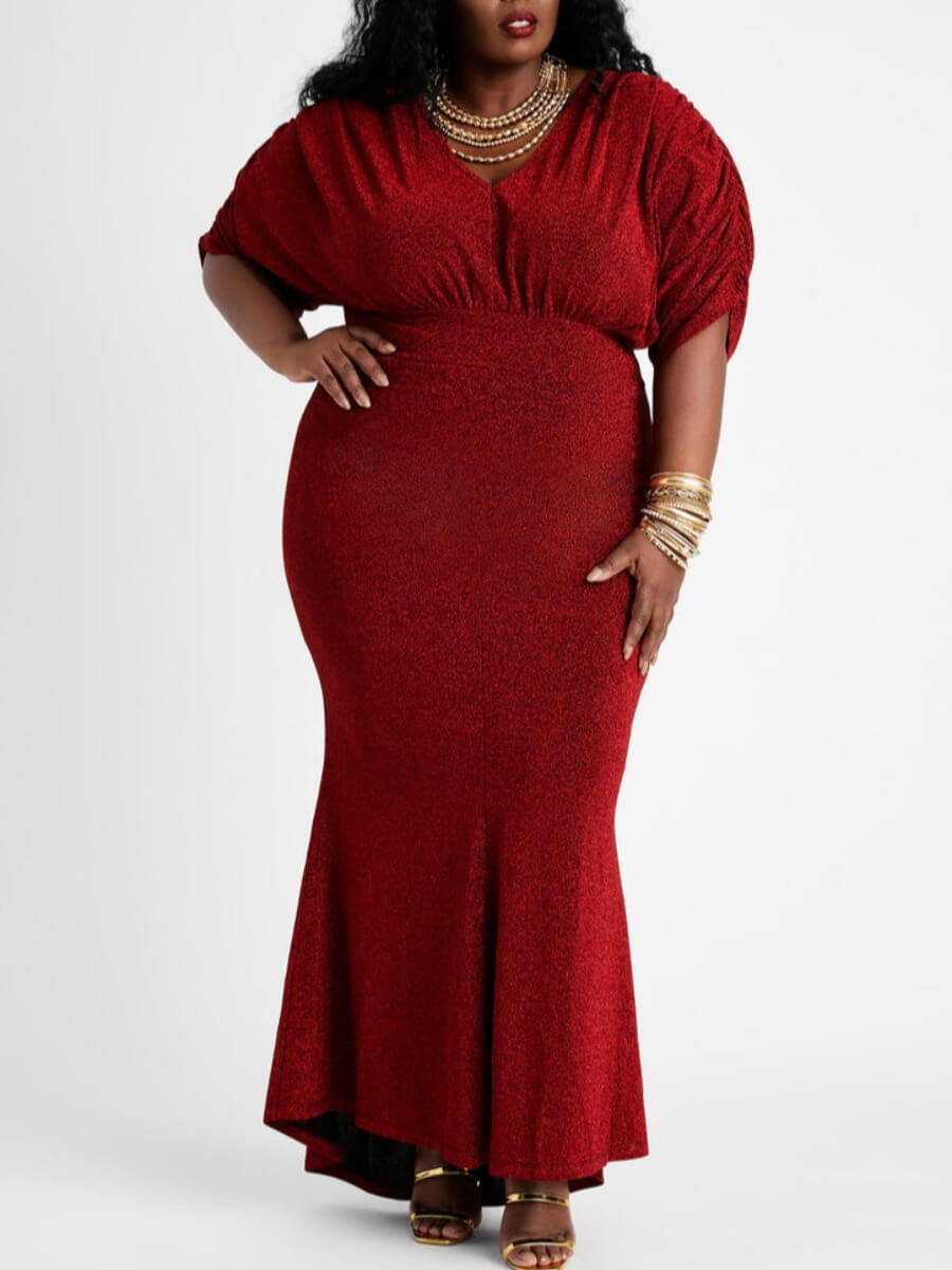 

Lovely Party V Neck Skinny Wine Red Ankle Length Plus Size Dress