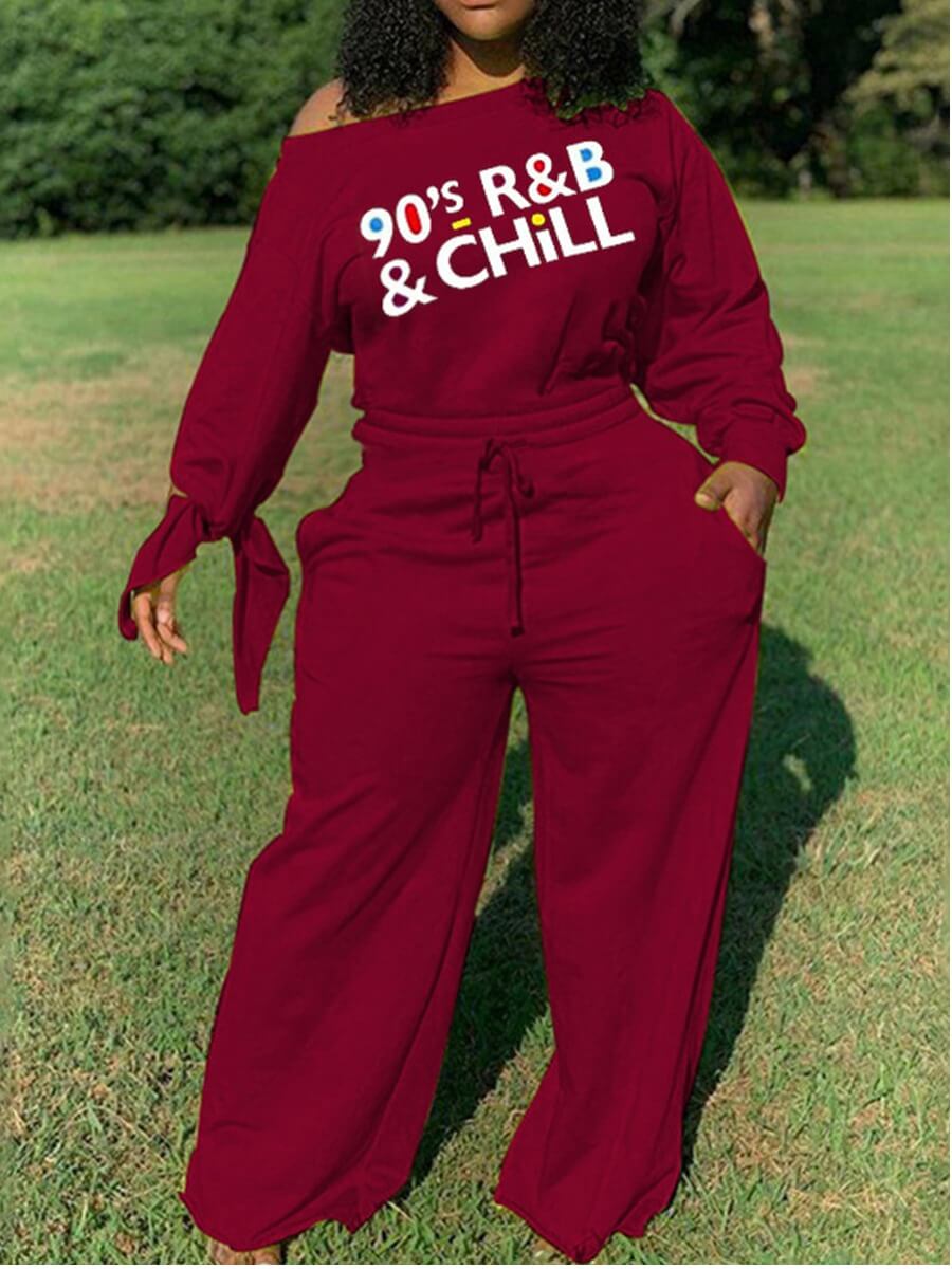 

Lovely Trendy Letter Print Drawstring Loose Wine Red Plus Size One-piece Jumpsuit