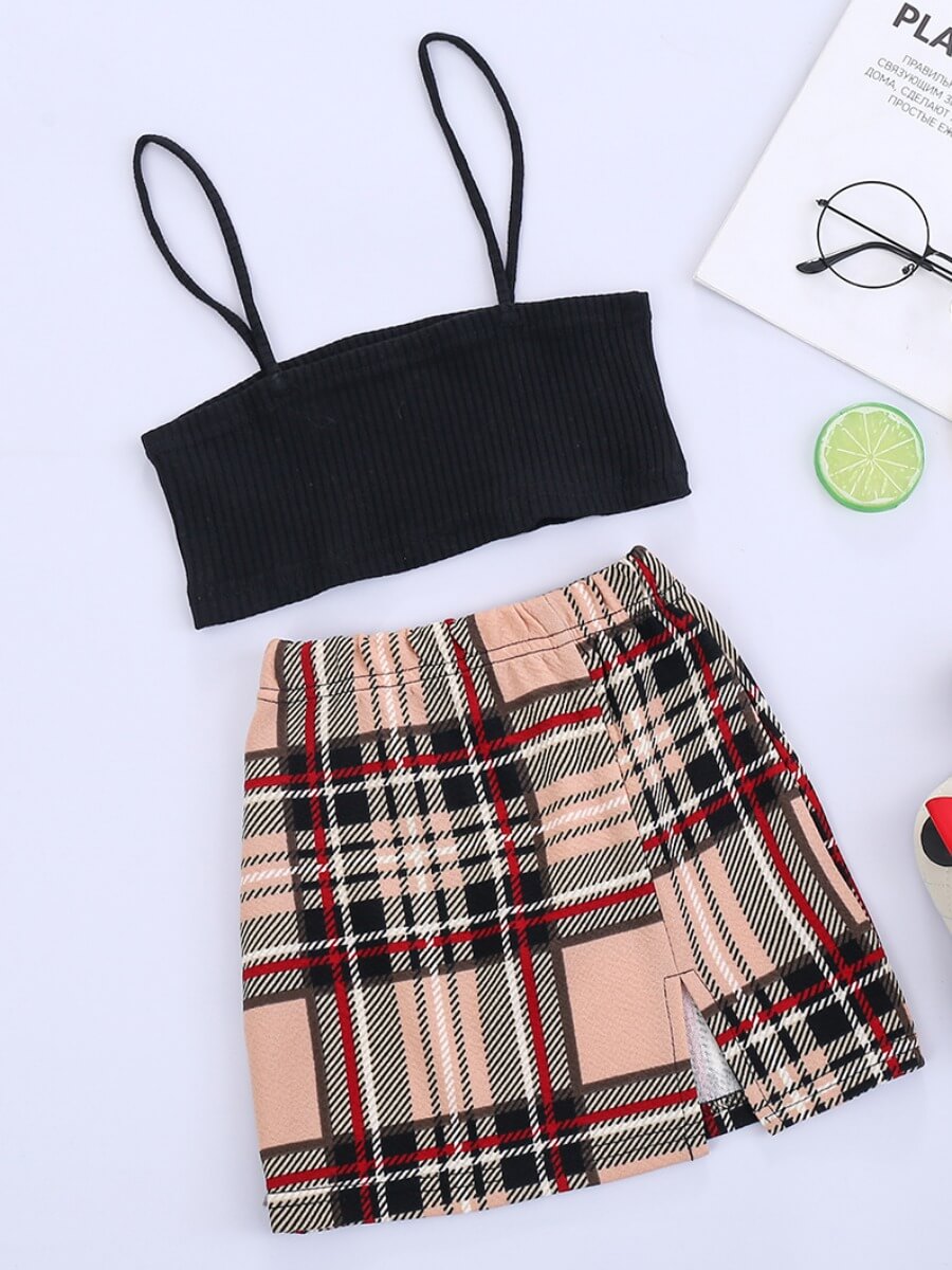 

Lovely Girl Casual Plaid Print Side Slit Black Two Piece Skirt Set