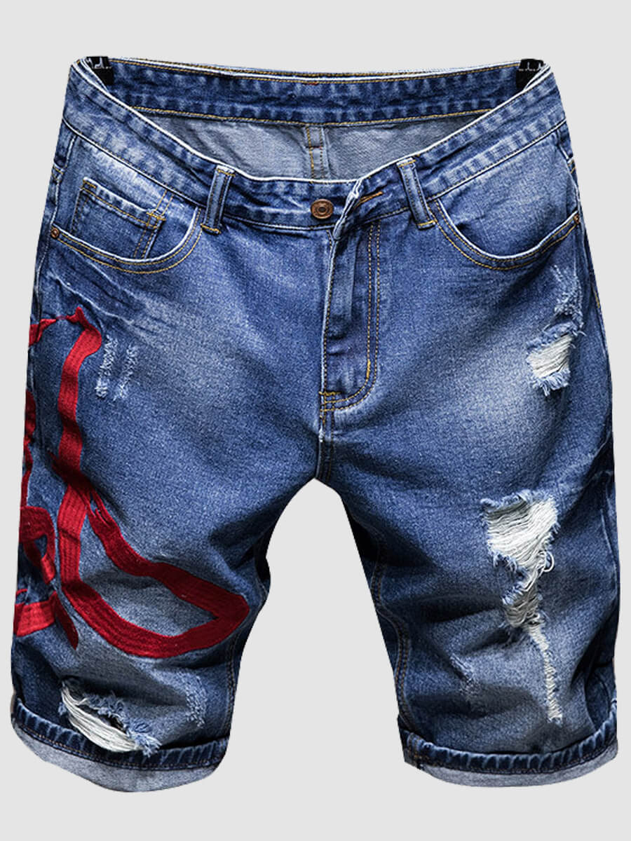 

Lovely Casual Mid Waist Print Broken Holes Blue Men Denim Shorts