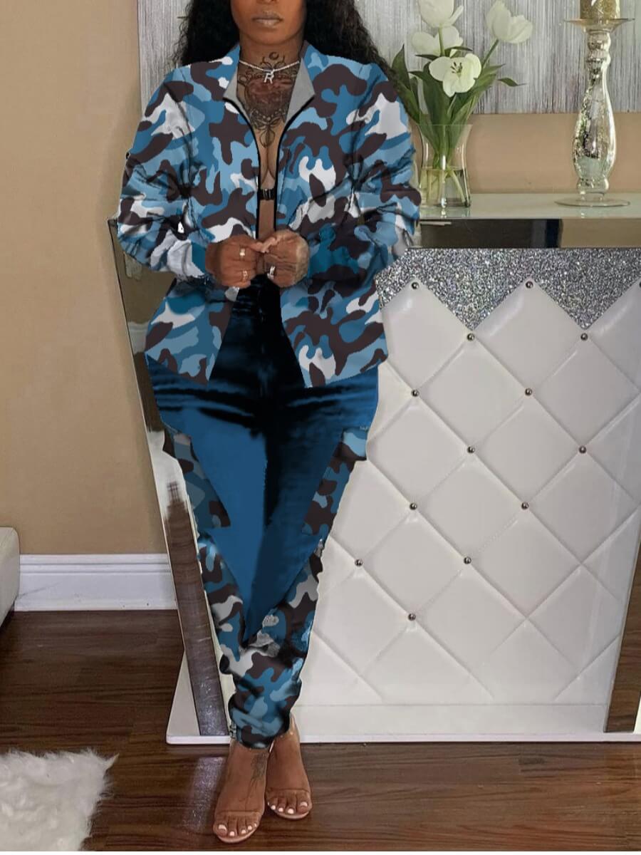 

Lovely Sportswear Camo Print Patchwork Blue Two Piece Pants Set