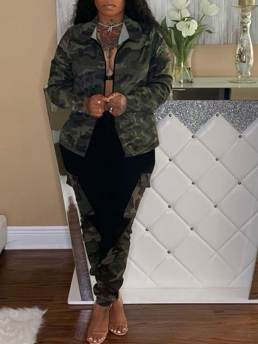 

Lovely Sportswear Side Pocket Camo Print Patchwork Two Piece Pants Set