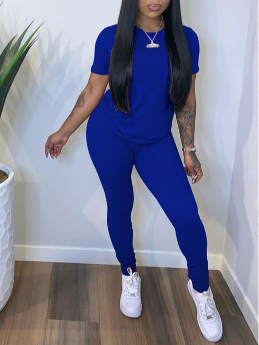 

LW Casual O Neck Elastic Blue Two Piece Pants Set