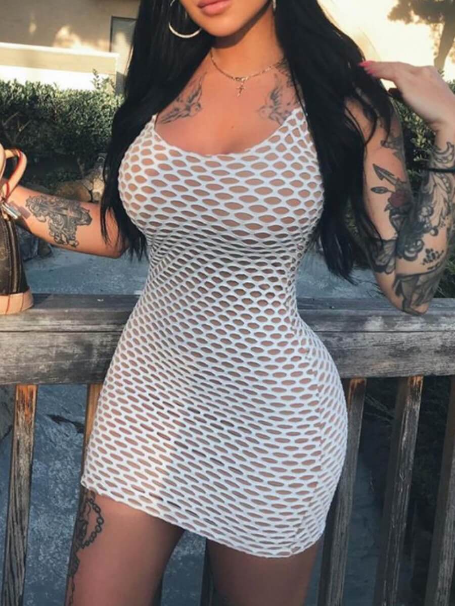 

Lovely Sexy Mesh Patchwork White Mini Dress