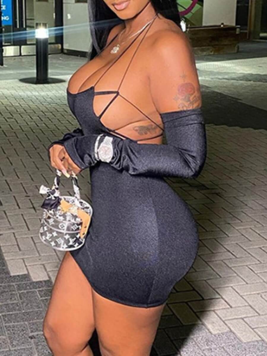 

Lovely Sexy Off The Shoulder Backless Bandage Design Black Mini Dress