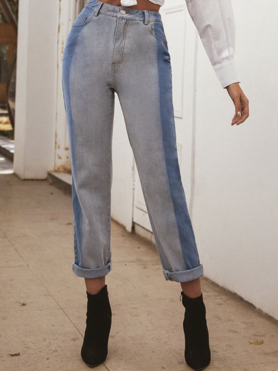 

Lovely Casual High-waisted Color-lump Patchwork Blue Mom Jeans