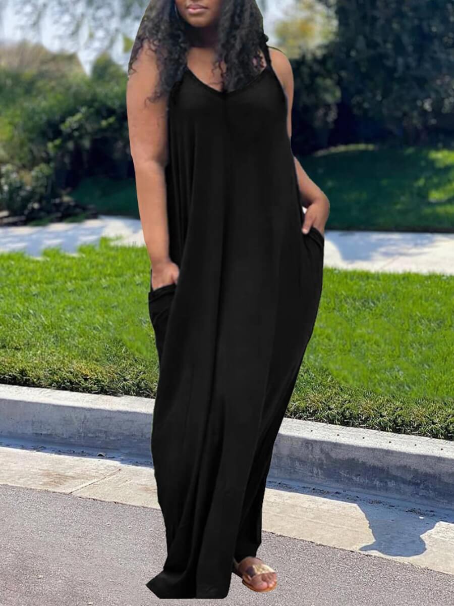 

Lovely Plus Size Casual V Neck Pocket Design Loose Black Floor Length Dress