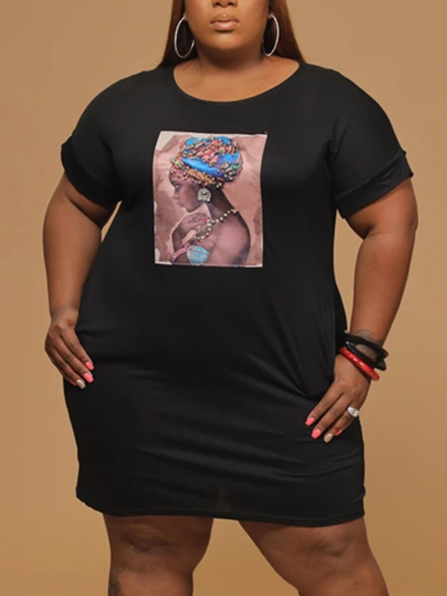 

Lovely Casual O Neck Portrait Print Black Mini Plus Size Dress