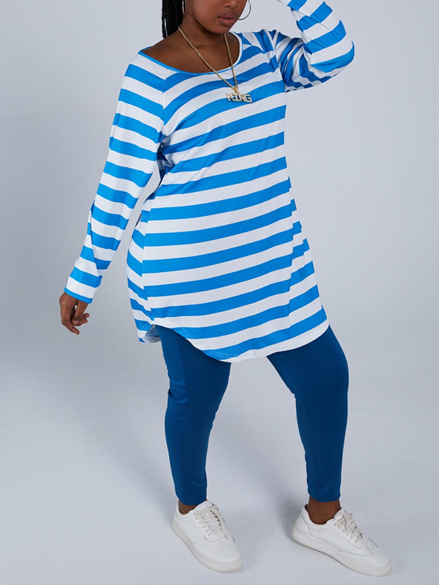 

Lovely Casual Striped Patchwork Asymmetrical Blue Plus Size Two-piece Pants Set