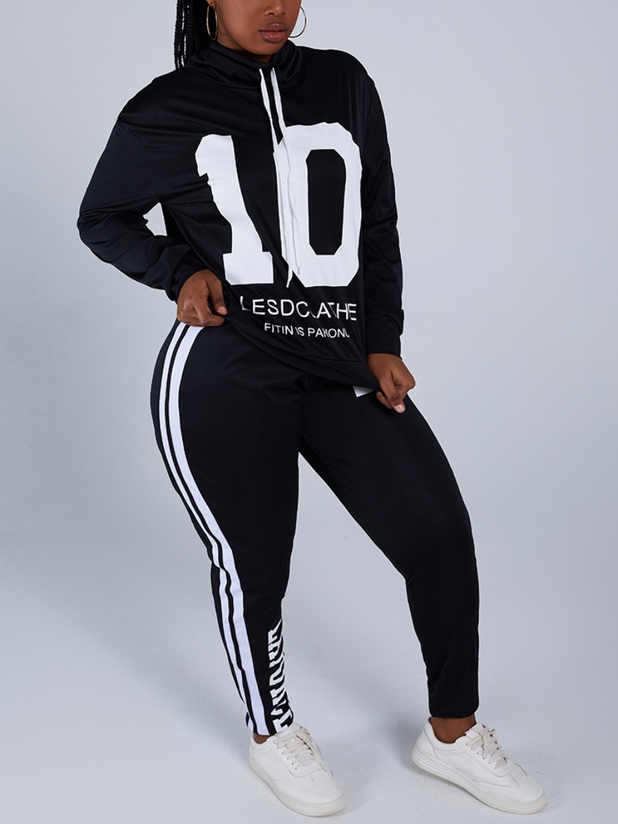 

Lovely Sportswear Letter Print Striped Black Plus Size Two-piece Pants Set