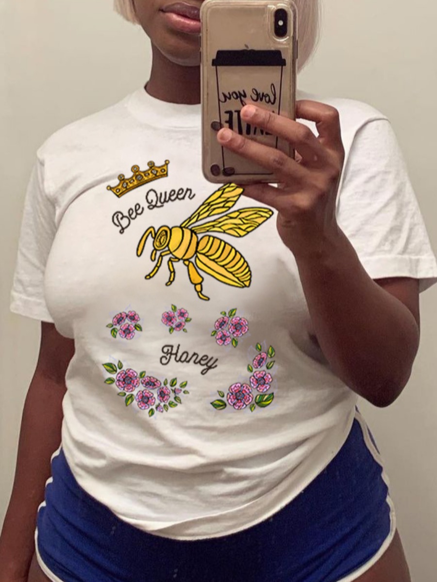 

Lovely Casual O Neck Floral Bee Print White T-shirt