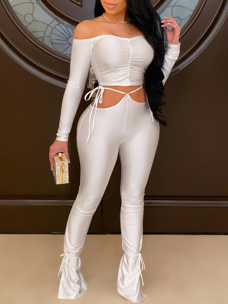 

Lovely Sexy Off The Shoulder Ruched Bandage Hollow-out Design White Two Piece Pants Set