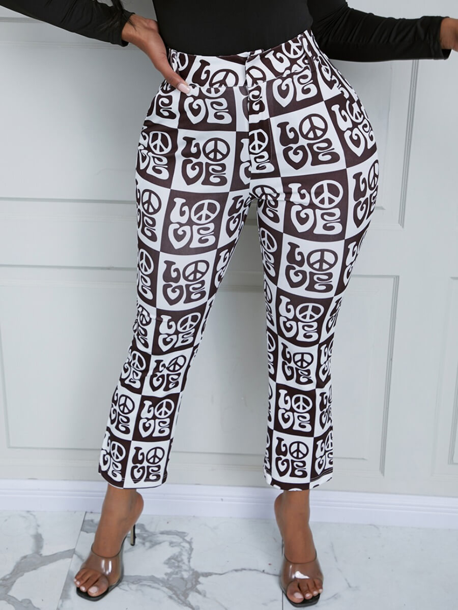 

Lovely Sweet Geometric Print Patchwork Brown Pants