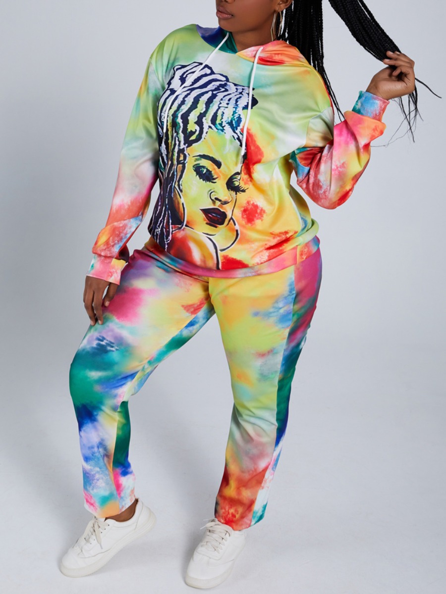 

Lovely Casual Hooded Collar Tie-dye Multicolor Plus Size Two-piece Pants Set, Multi