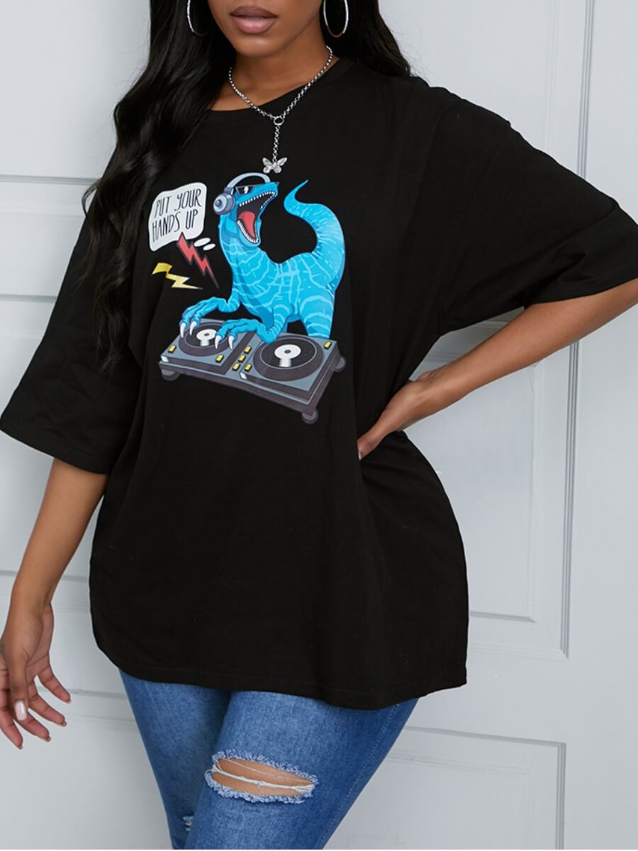 

Lovely Casual O Neck Cartoon Print Black T-shirt