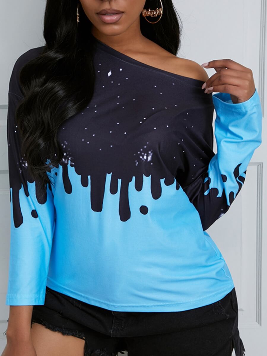 

Lovely Casual Dropped Shoulder Print Patchwork Skyblue Hoodie