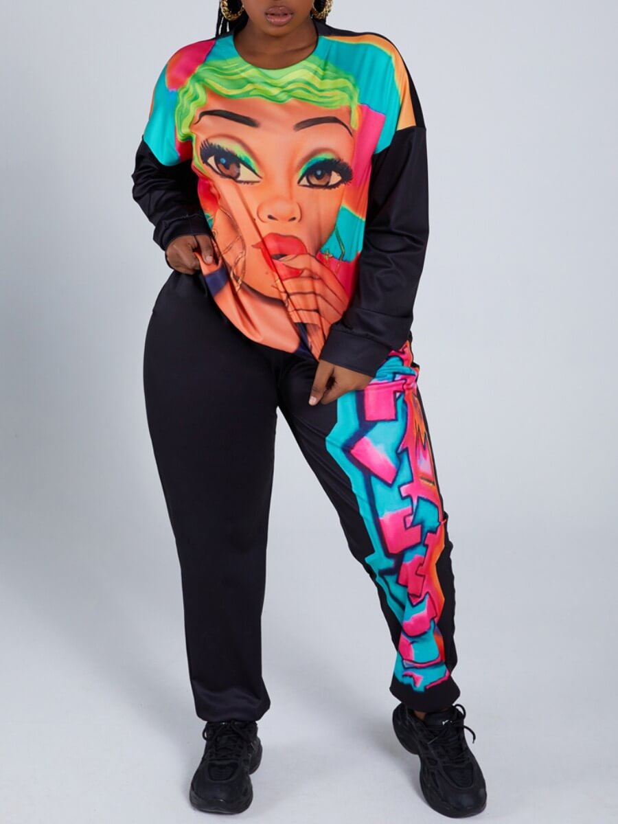 

Lovely Street Graffiti Print Patchwork Black Plus Size Two-piece Pants Set
