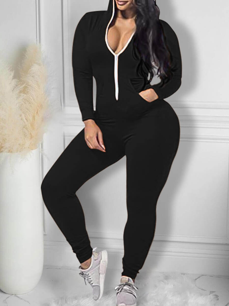 

Lovely Casual Hooded Collar Pocket Design Black Sleepwear