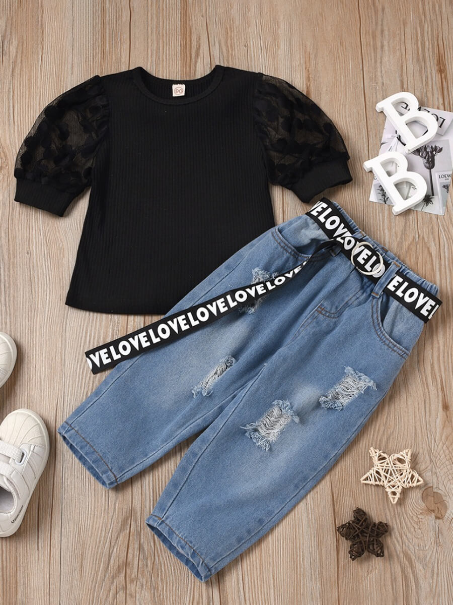 

Lovely Trendy Mesh Rib-Knit Broken Holes Black Girl Two Piece Pants Set