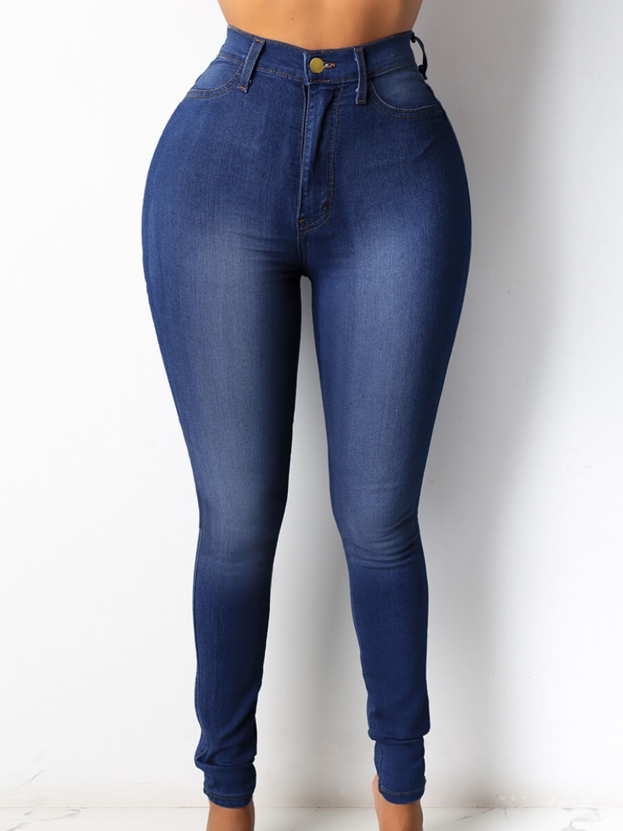 

LW Casual High-waisted High Stretchy Zipper Design Skinny Deep Blue Jeans