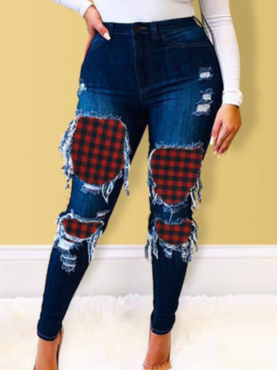 

Lovely Casual Plaid Print Ripped Blue Jeans