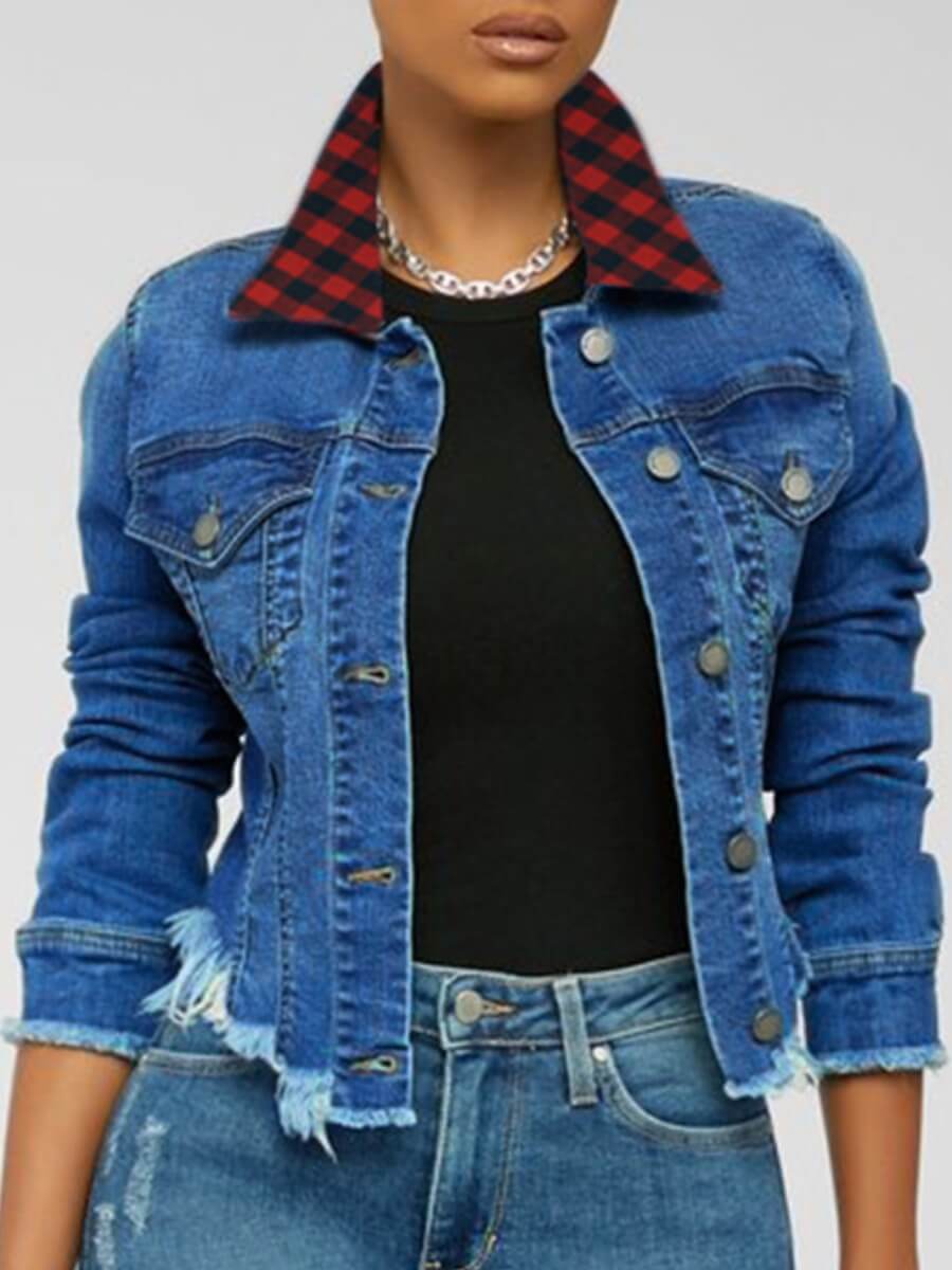 

Lovely Chic Plaid Print Raw Edge Blue Denim Coat