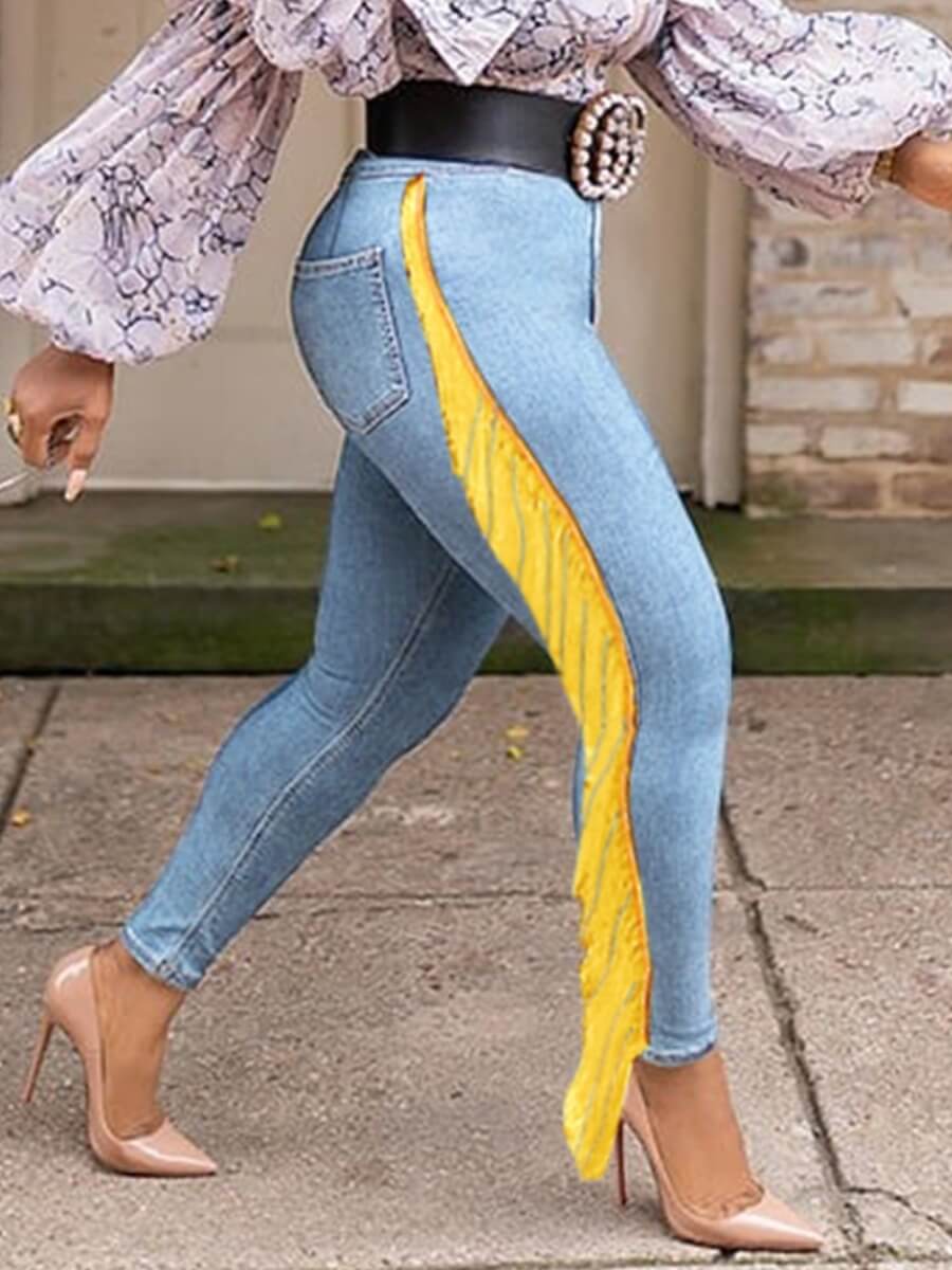 

Lovely Street High-waisted Tassel Design Patchwork Skyblue Jeans