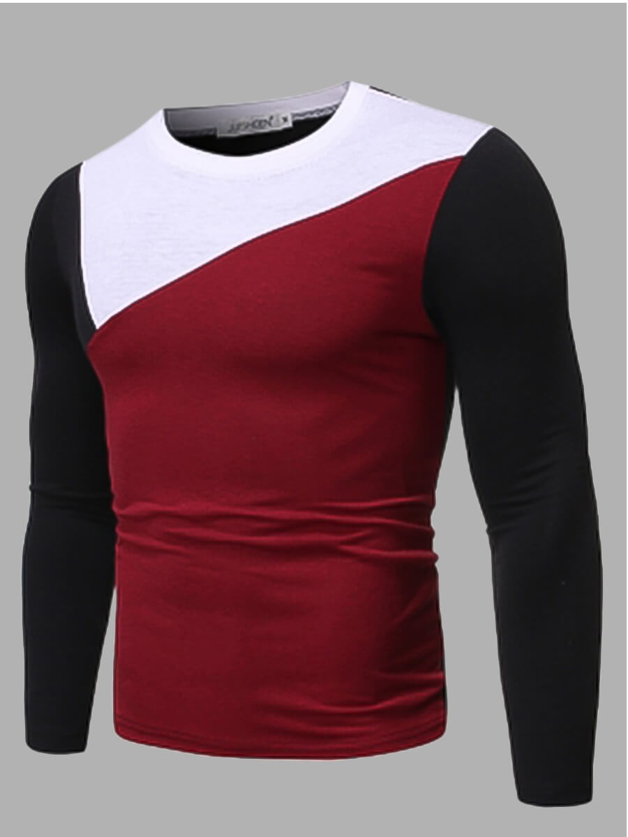 

Lovely Men Trendy Color-lump Patchwork Wine Red T-shirt