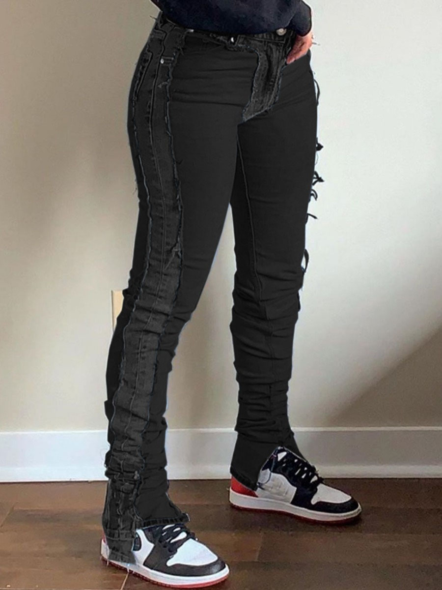 

LW Mid Waist Ripped Jeans (No Stretch), Black