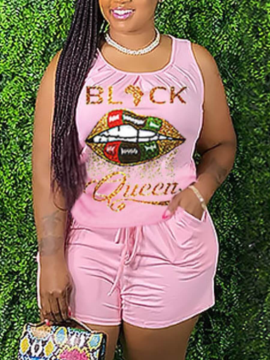 

Lovely Casual U Neck Letter Print Drawstring Pink Two Piece Shorts Set